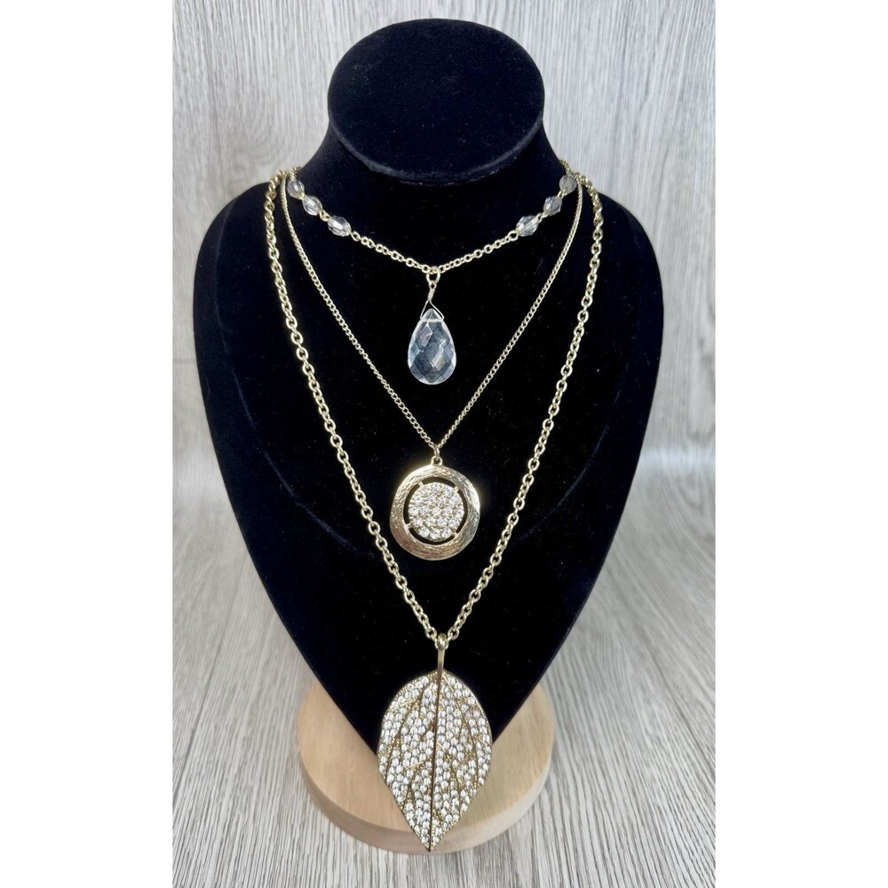 Gorgeous Jules B 36” Long Three Strand Necklace Rhinestone Leaf Pendant Boho